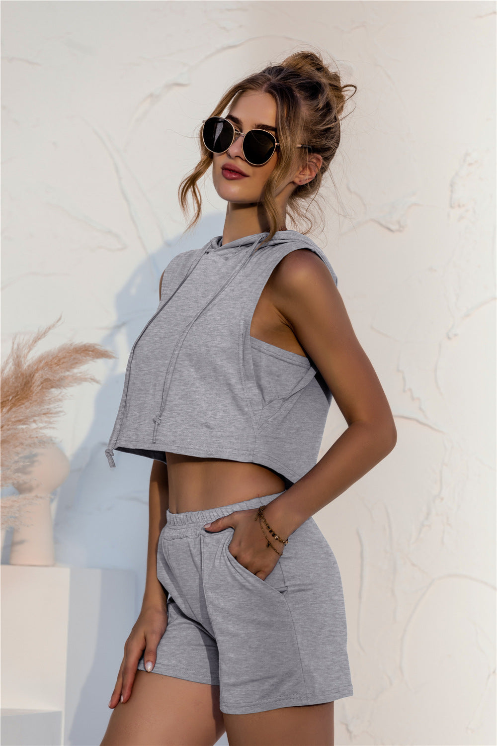 Hooded Crop Top & Pocketed Shorts Set - Absolute Fashion 2020
