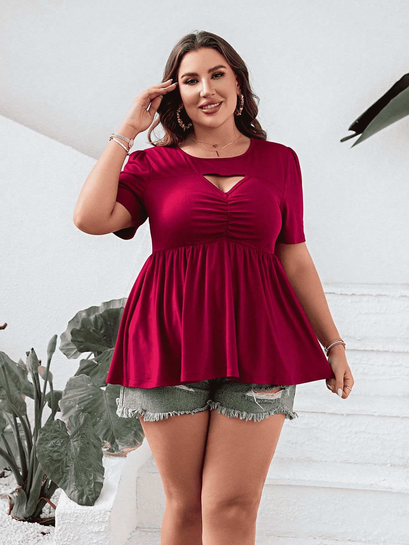 Cutout Round Neck Short Sleeve Blouse