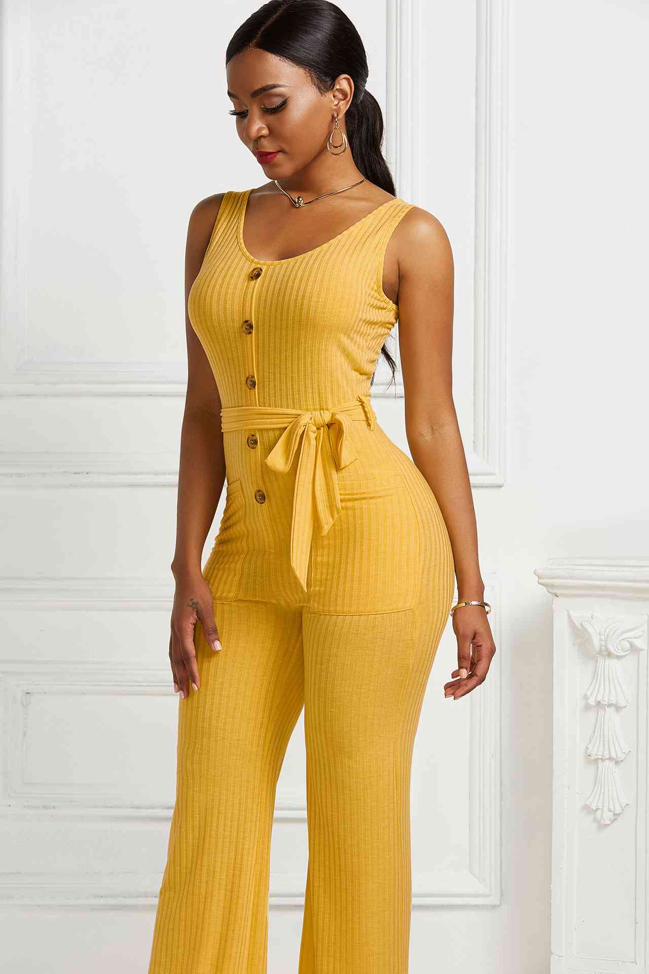 Button Detail Tie Waist Jumpsuit with Pockets - Absolute Fashion 2020