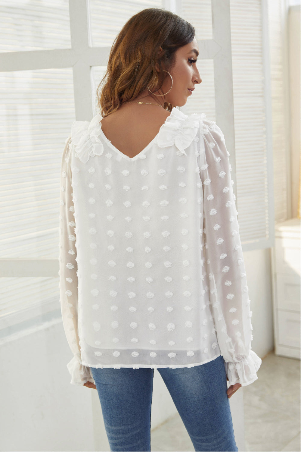 Swiss Dot V-Neck Ruffle Trim Blouse