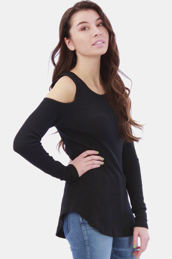 Cold Shoulder Solid Thermal Knit Top
