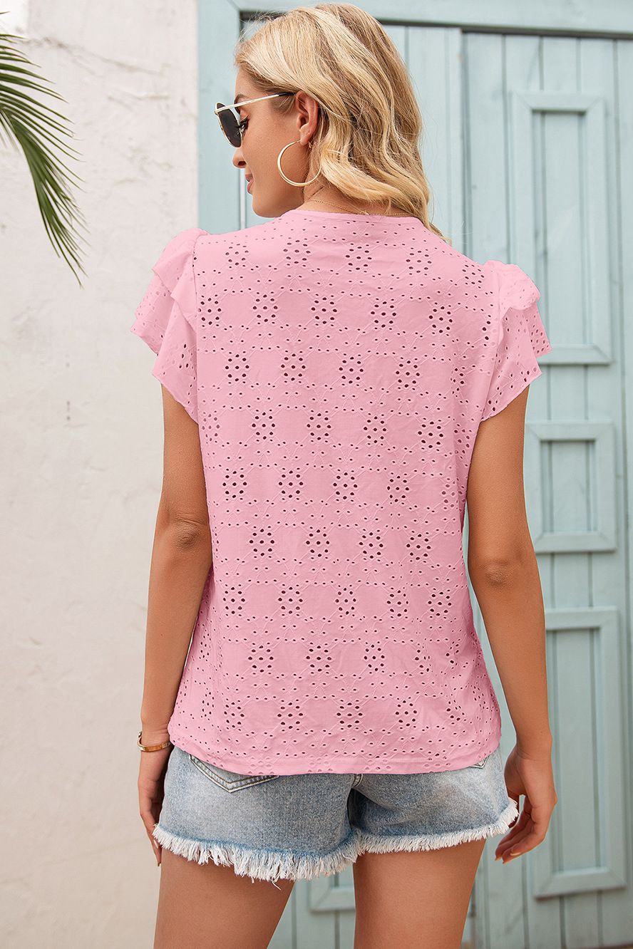 Eyelet Embroidery Tie-Neck Top - Absolute Fashion 2020