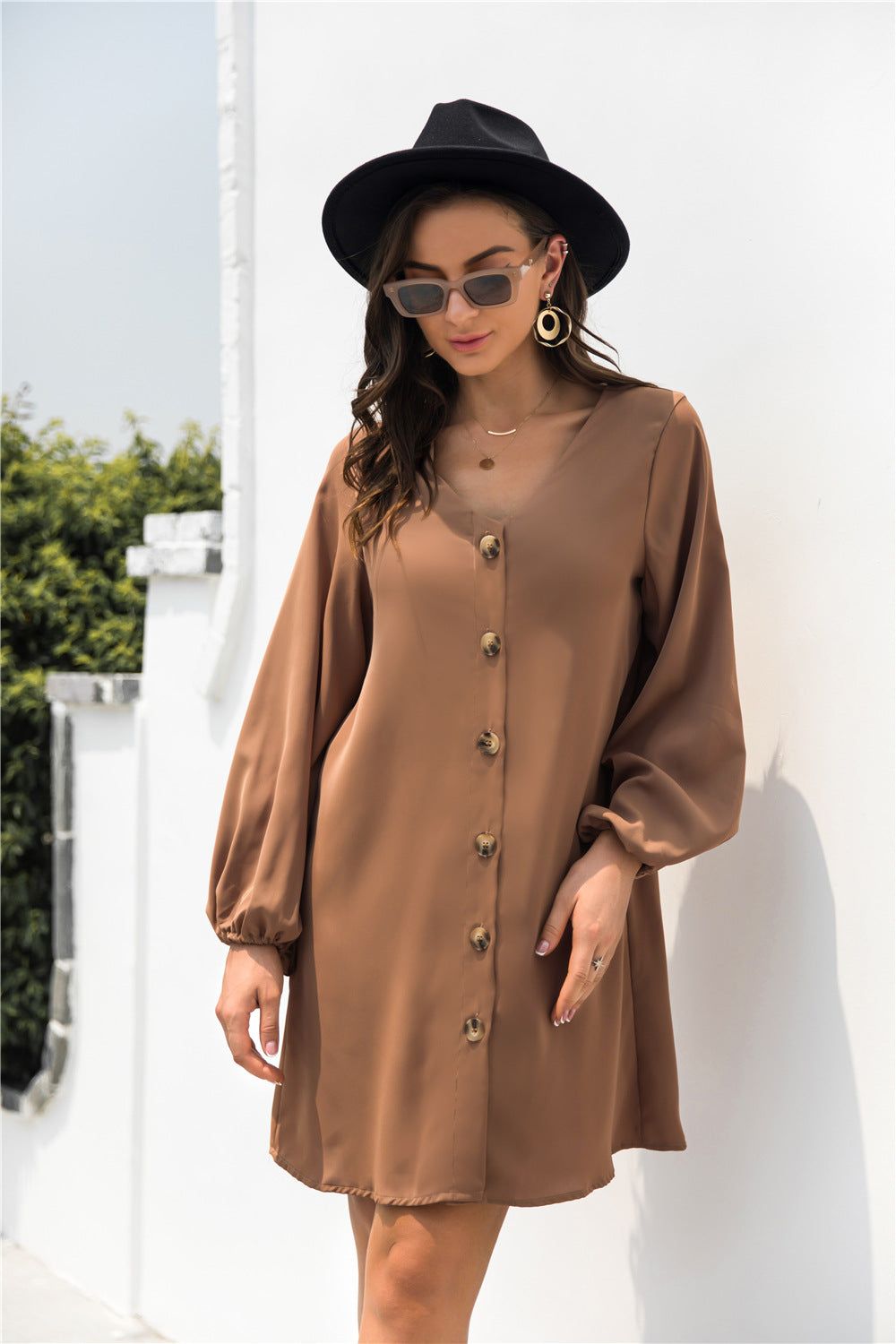 V Neck Button Through Smock Dress - Absolute Fashion 2020