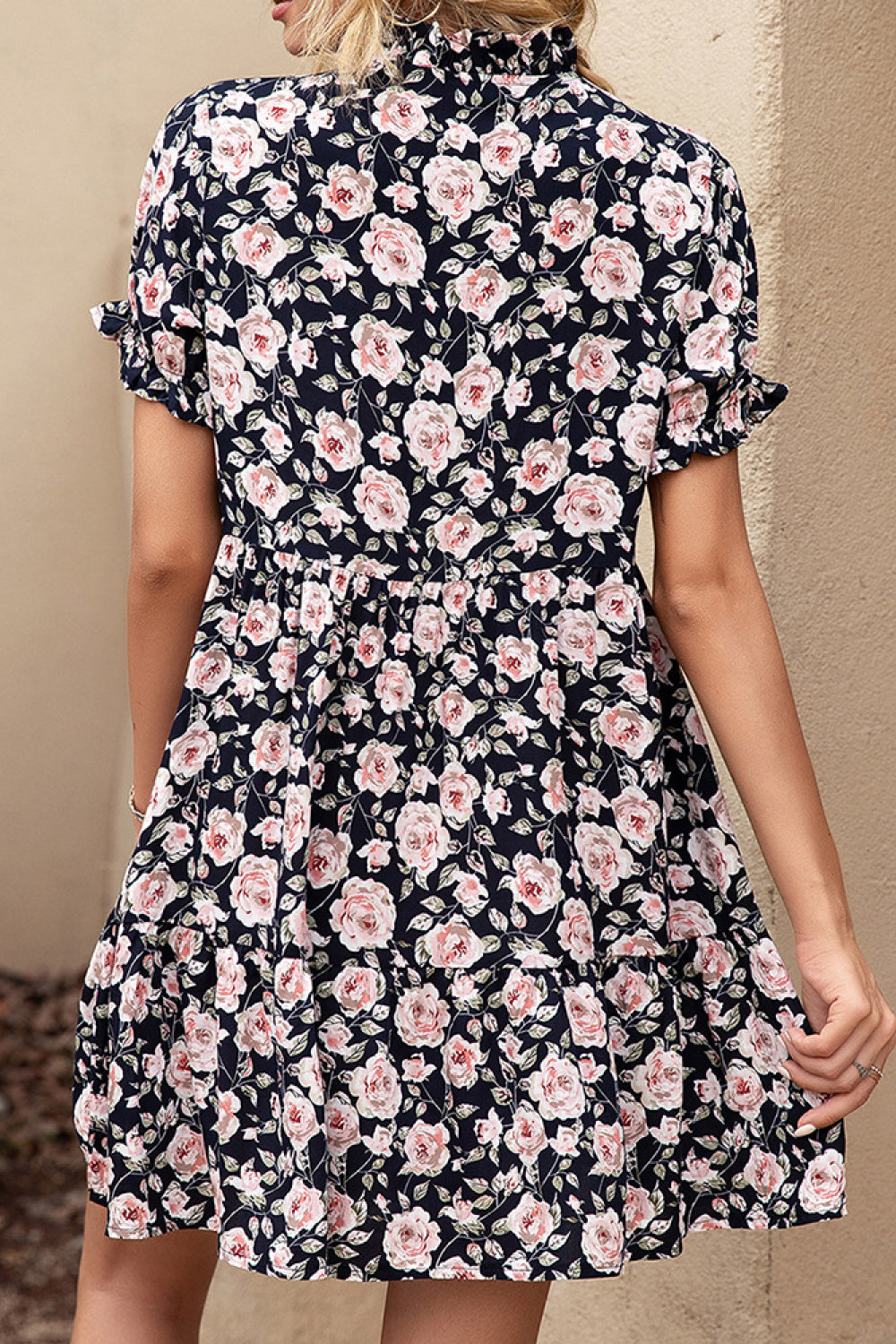 Floral Ruffle Trim Tie-Neck Dress - Absolute Fashion 2020