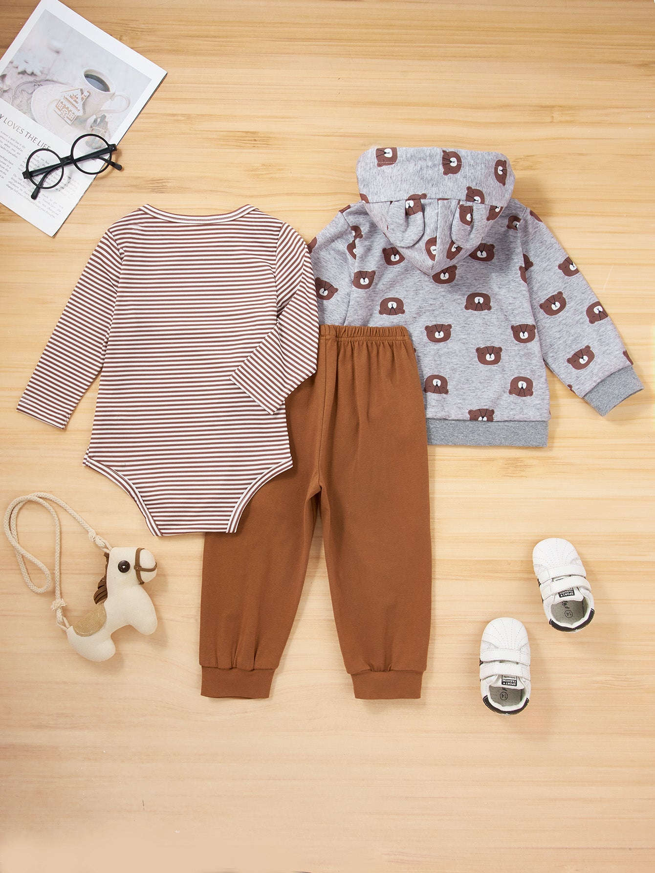 Girls Striped Onesie Solid Pants and Bear Hoodie Set