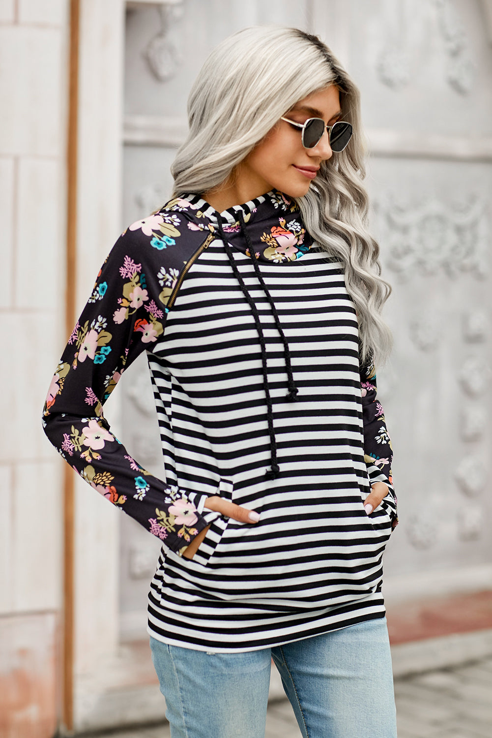 Striped Floral Print Long Sleeve Hoodie - Absolute Fashion 2020