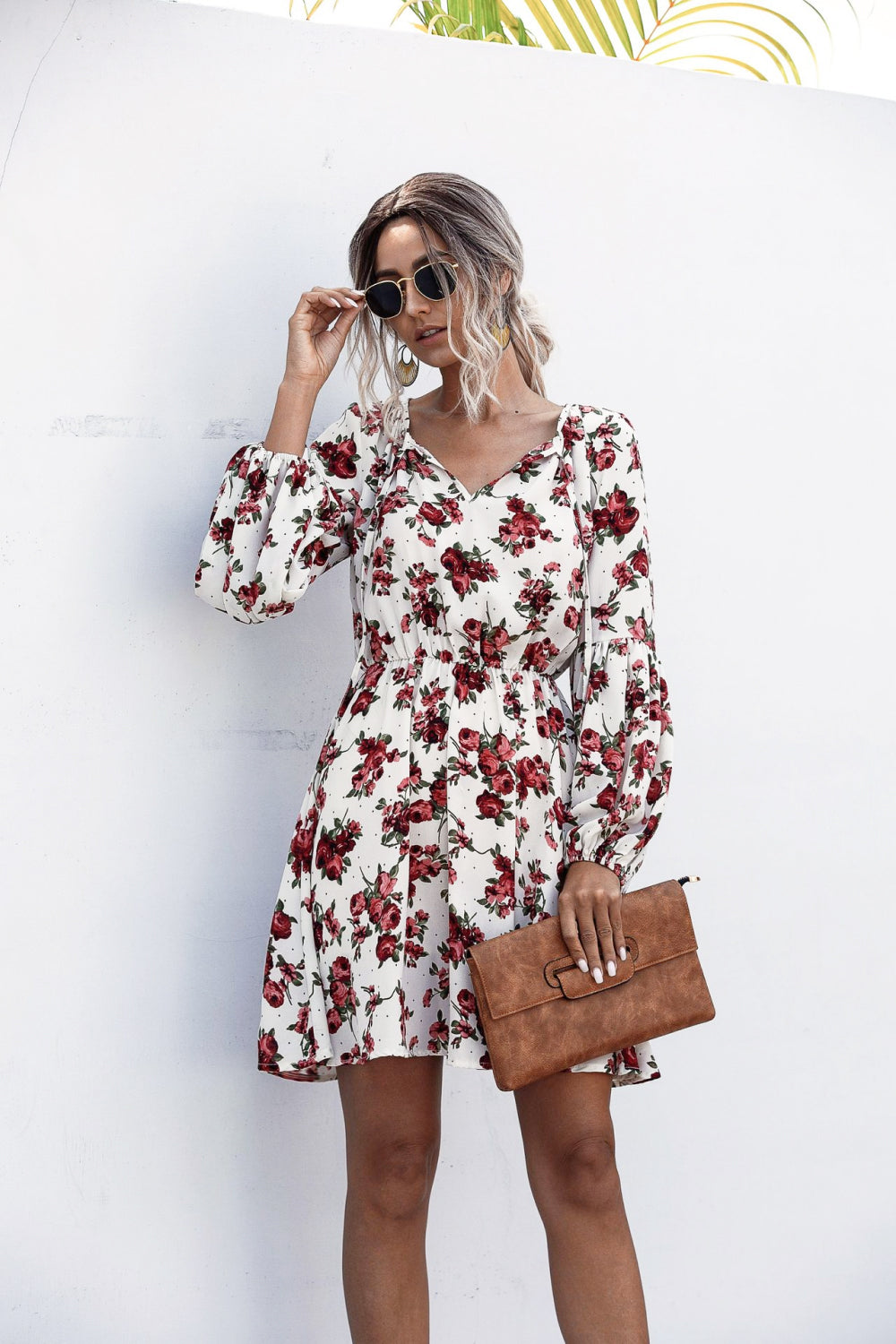 Floral Print Bell Sleeve Tie-Neck Dress