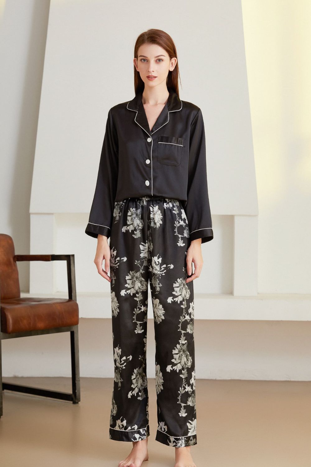 Satin Button-Up Lapel Collar Top and Pants Pajama Set