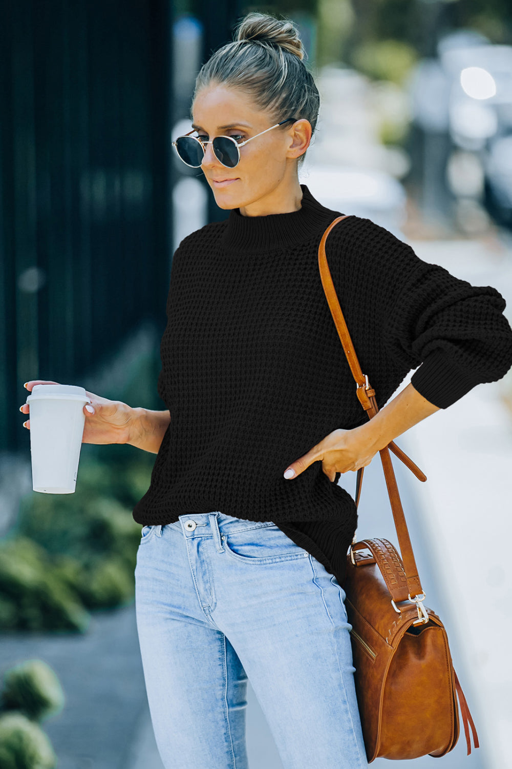 Ribbed Detail Mock Neck Waffle Sweater - Absolute Fashion 2020