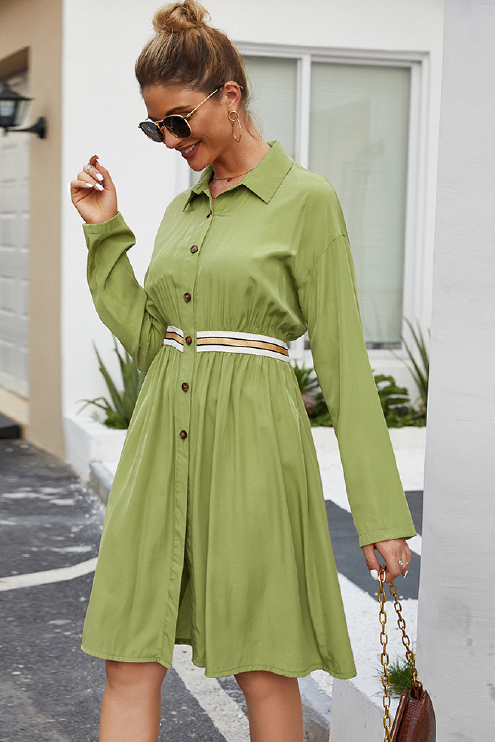 Button Down Contrast Banding Dress - Absolute Fashion 2020