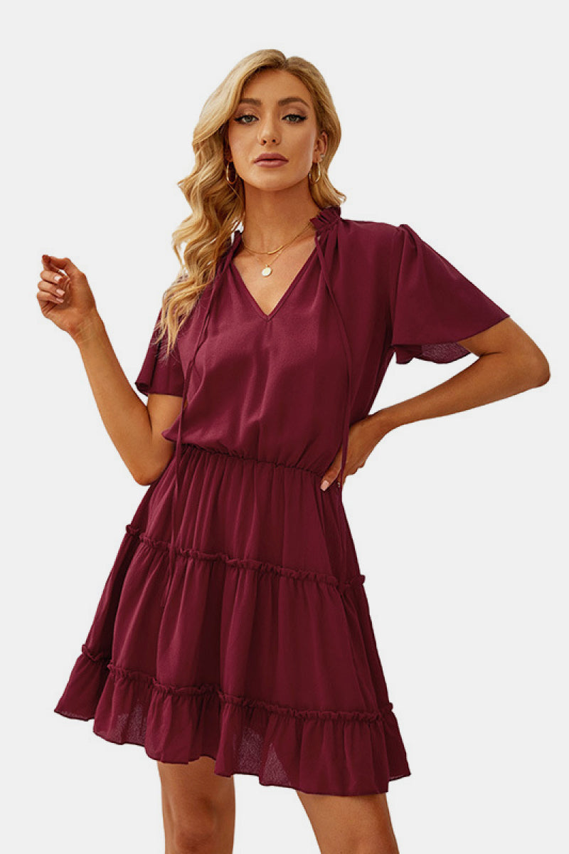 Tie Neck Ruffle Hem Tiered Dress - Absolute Fashion 2020