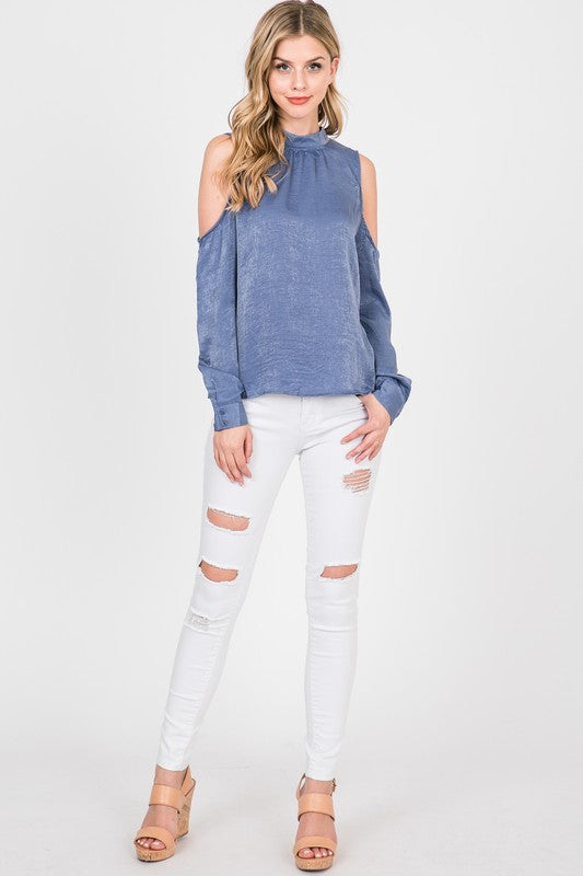 Cold Shoulder Mock Neck Blouse