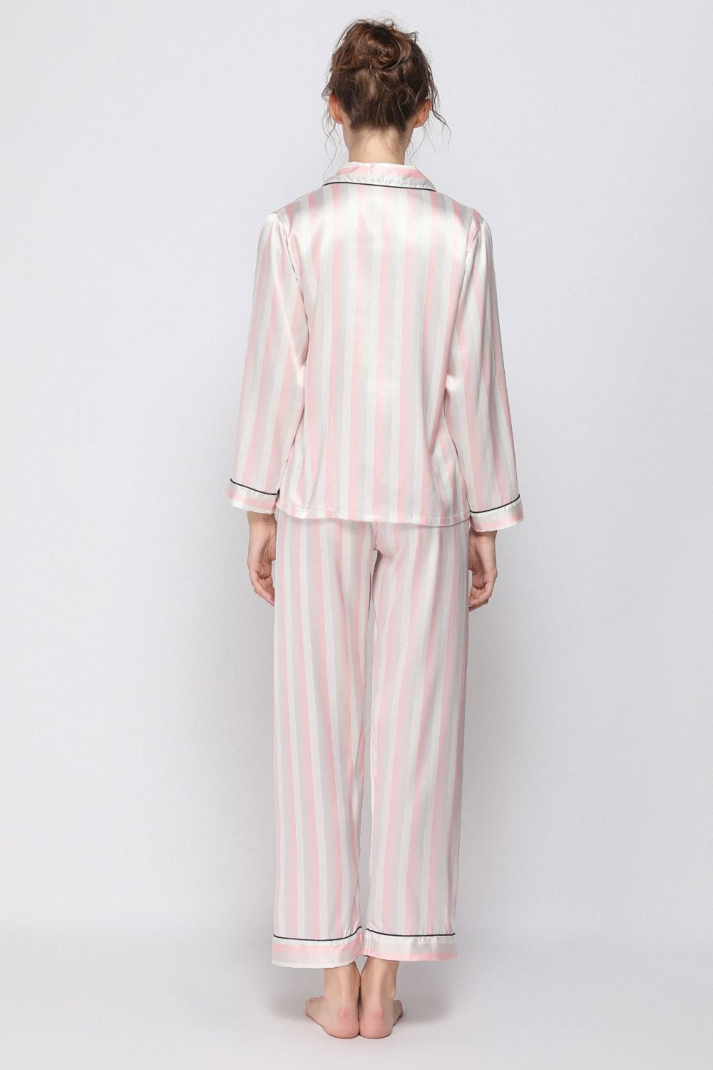 Satin Button-Up Lapel Collar Top and Pants Pajama Set