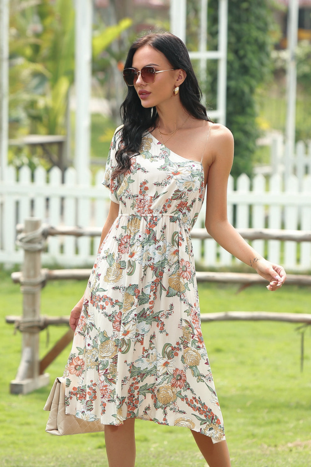 Floral Print Asymmetrical-neck Tie-waist Dress