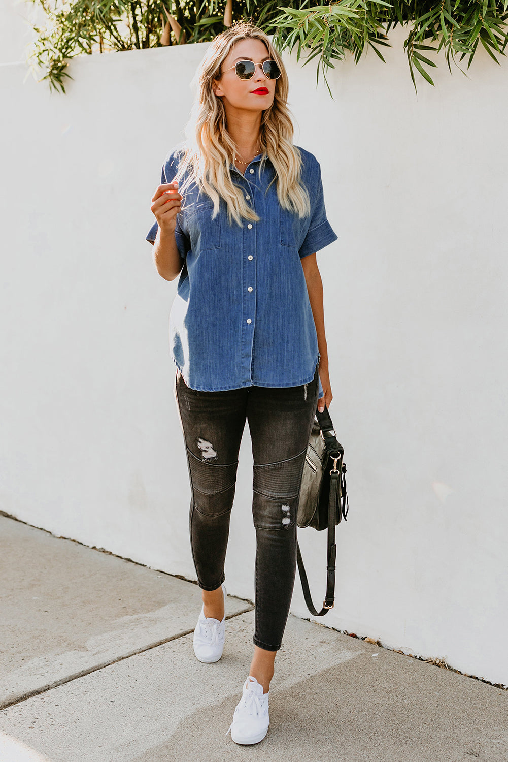 Collar Short Sleeve Denim Shirt - Absolute Fashion 2020