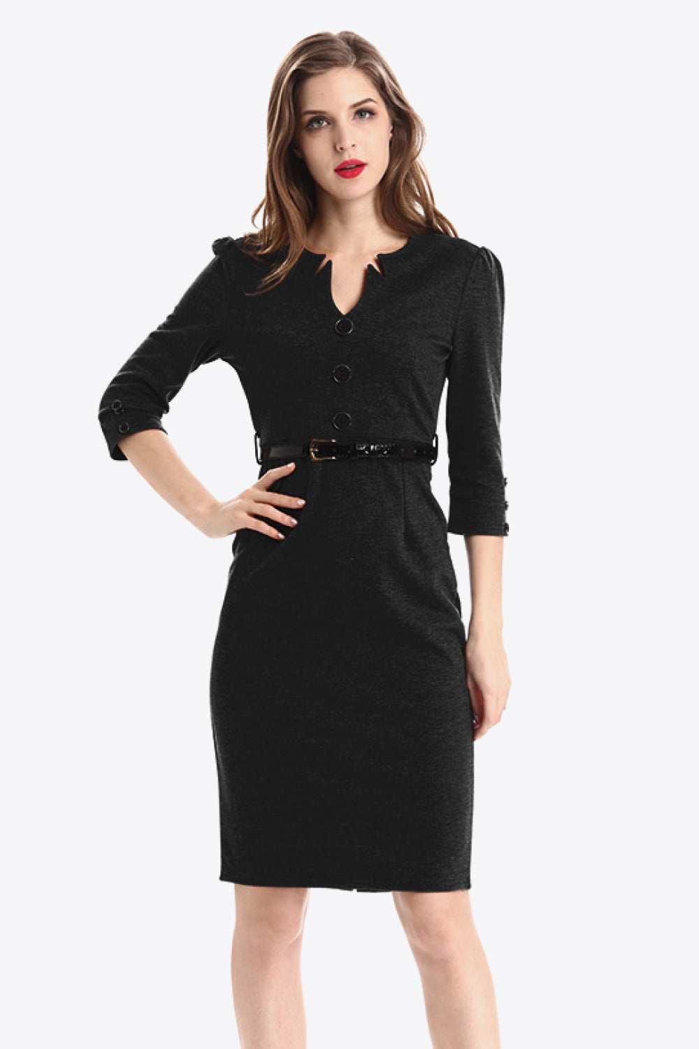 Full Size Decorative Button Puff Sleeve Notched Neck Dress