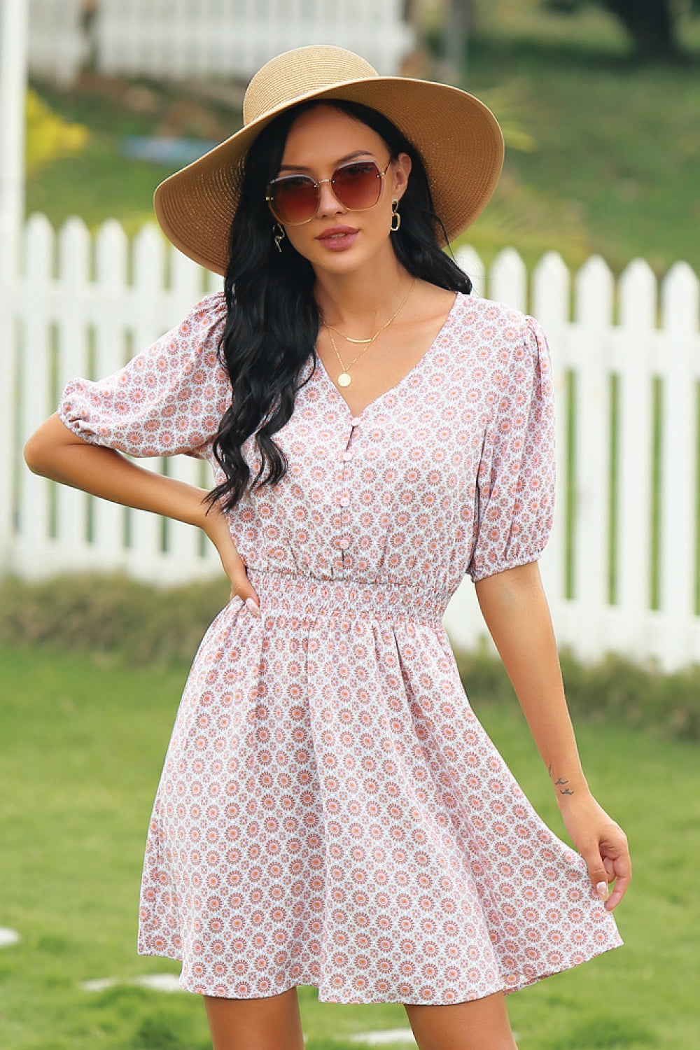 Printed V-neckline Tie Waist Dress