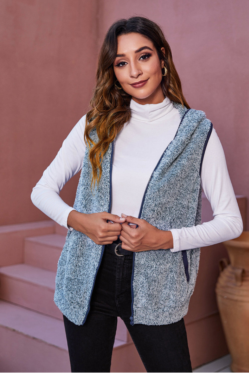 Zip Up Fleece Hooded Vest