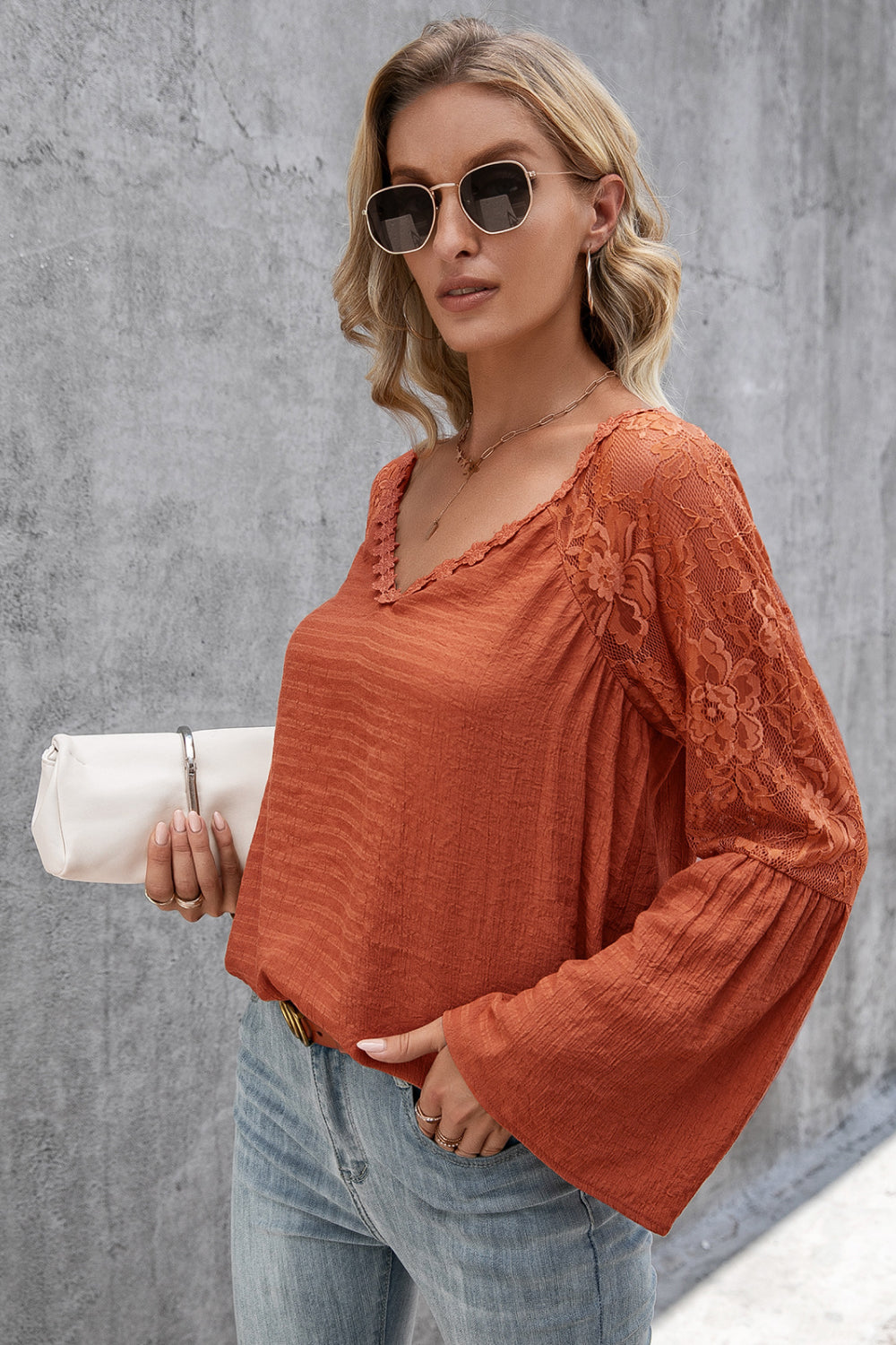 Lace Trim Flare Sleeve Top - Absolute Fashion 2020