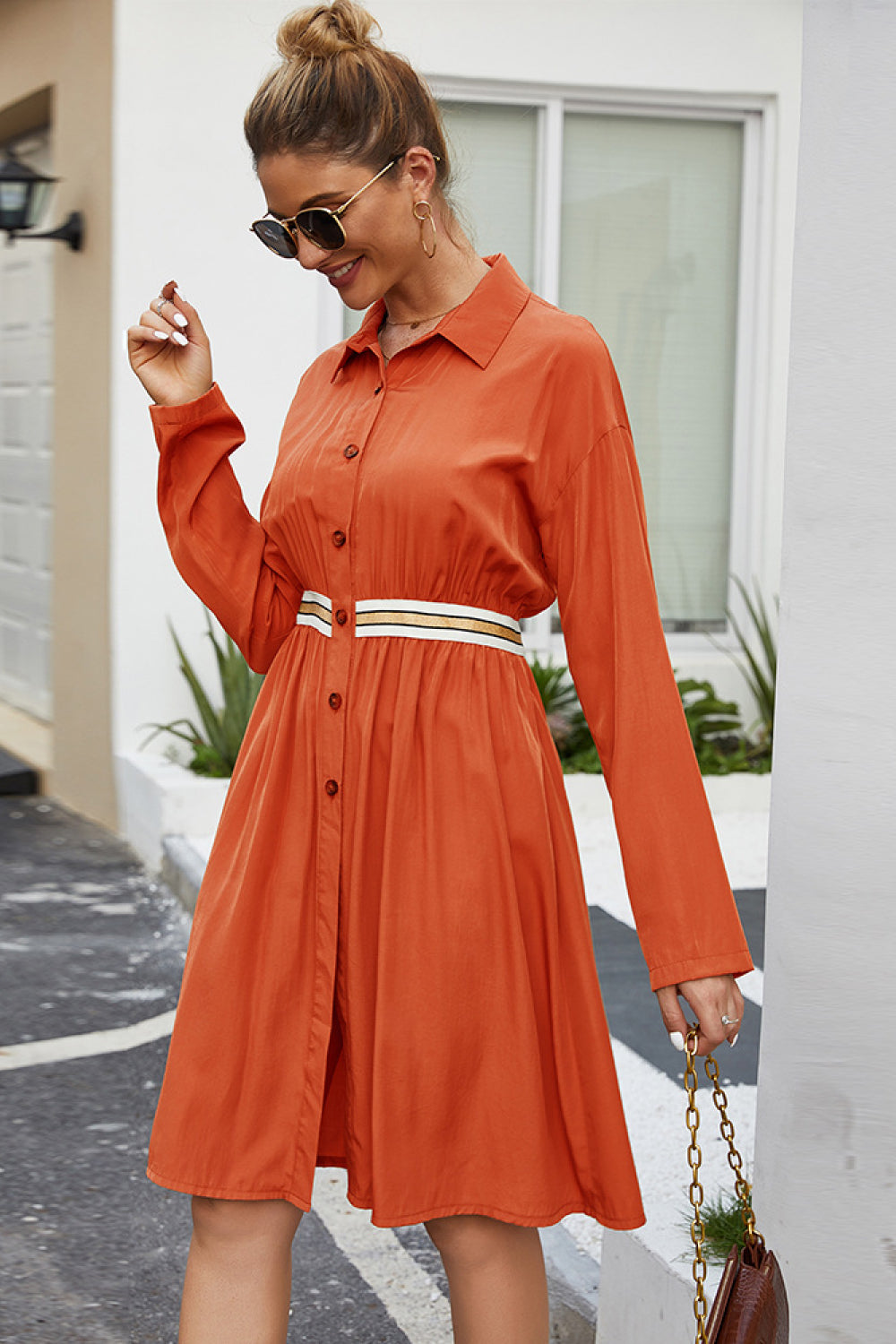 Button Down Contrast Banding Dress - Absolute Fashion 2020