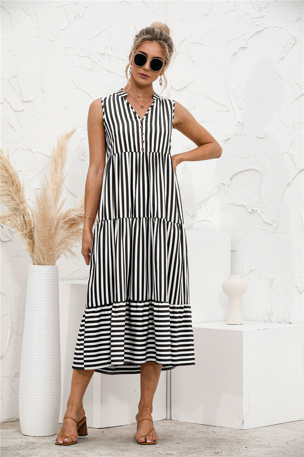 Striped Tiered Sleeveless Swing Dress - Absolute Fashion 2020