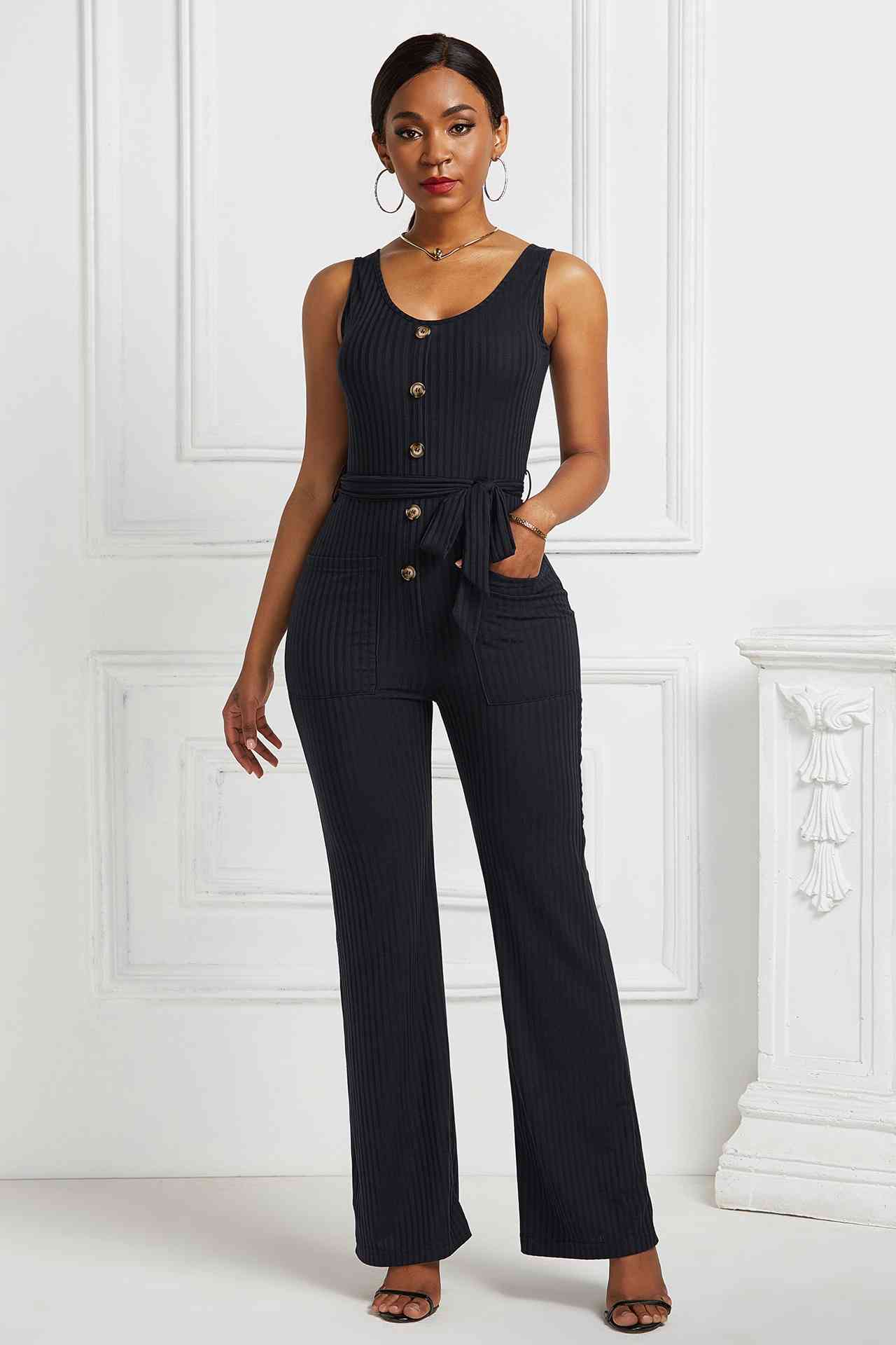 Button Detail Tie Waist Jumpsuit with Pockets - Absolute Fashion 2020