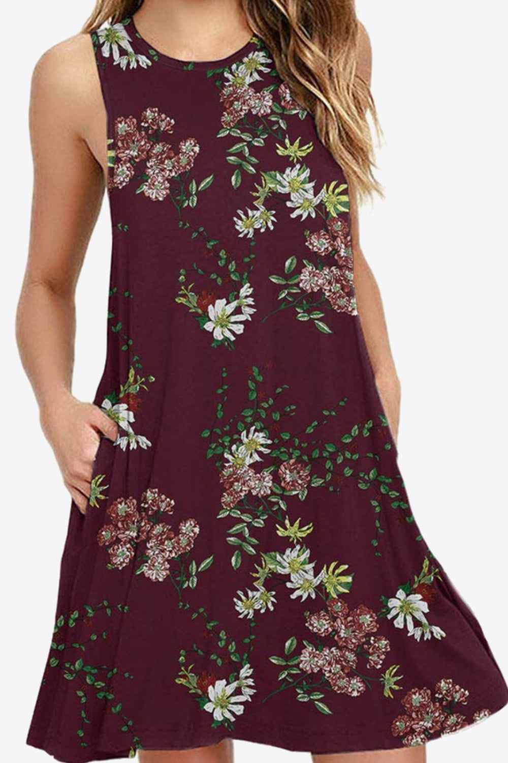 Full Size Printed Round Neck Sleeveless Dress