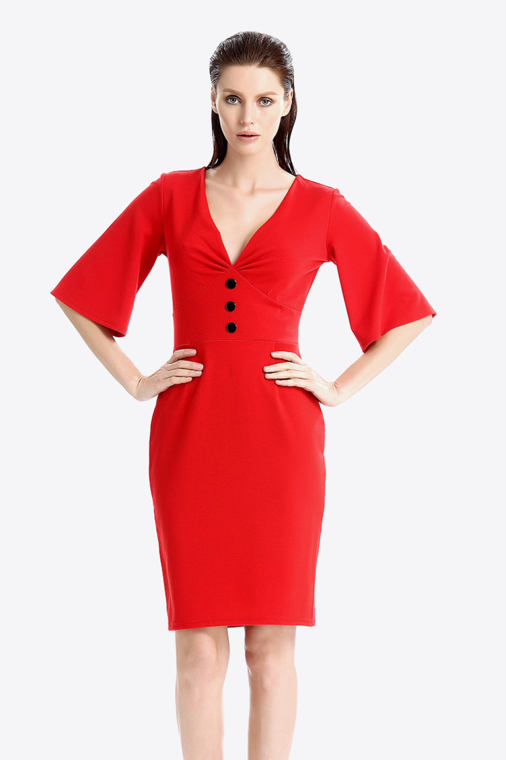 Full Size Decorative Button Flare Sleeve Plunge Dress
