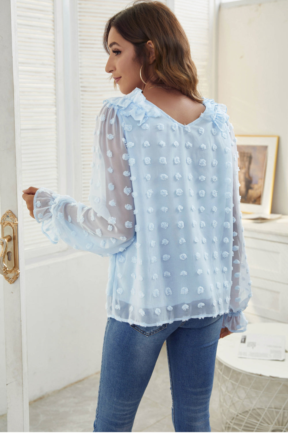Swiss Dot V-Neck Ruffle Trim Blouse
