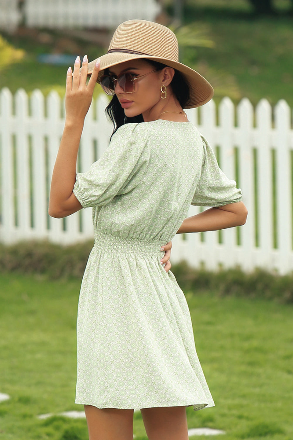 Printed V-neckline Tie Waist Dress