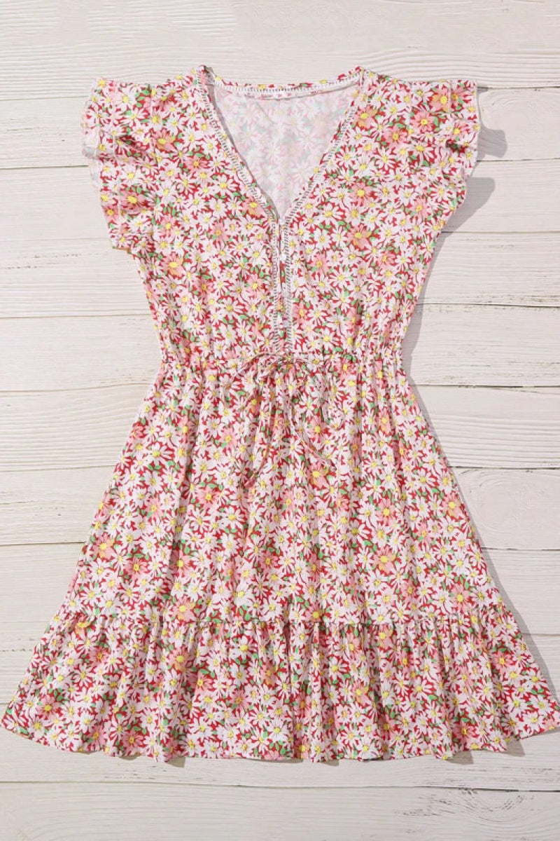 Floral V Neck Tie Waist Pleated Dress - Absolute Fashion 2020