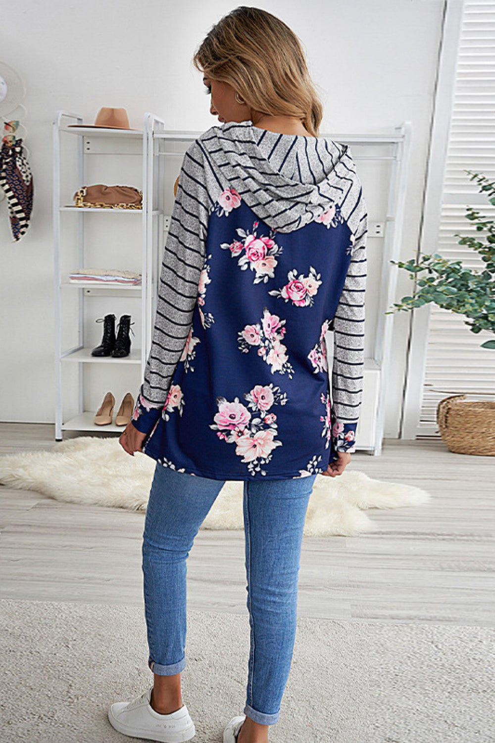 Striped Floral Print Hooded Tee - Absolute Fashion 2020