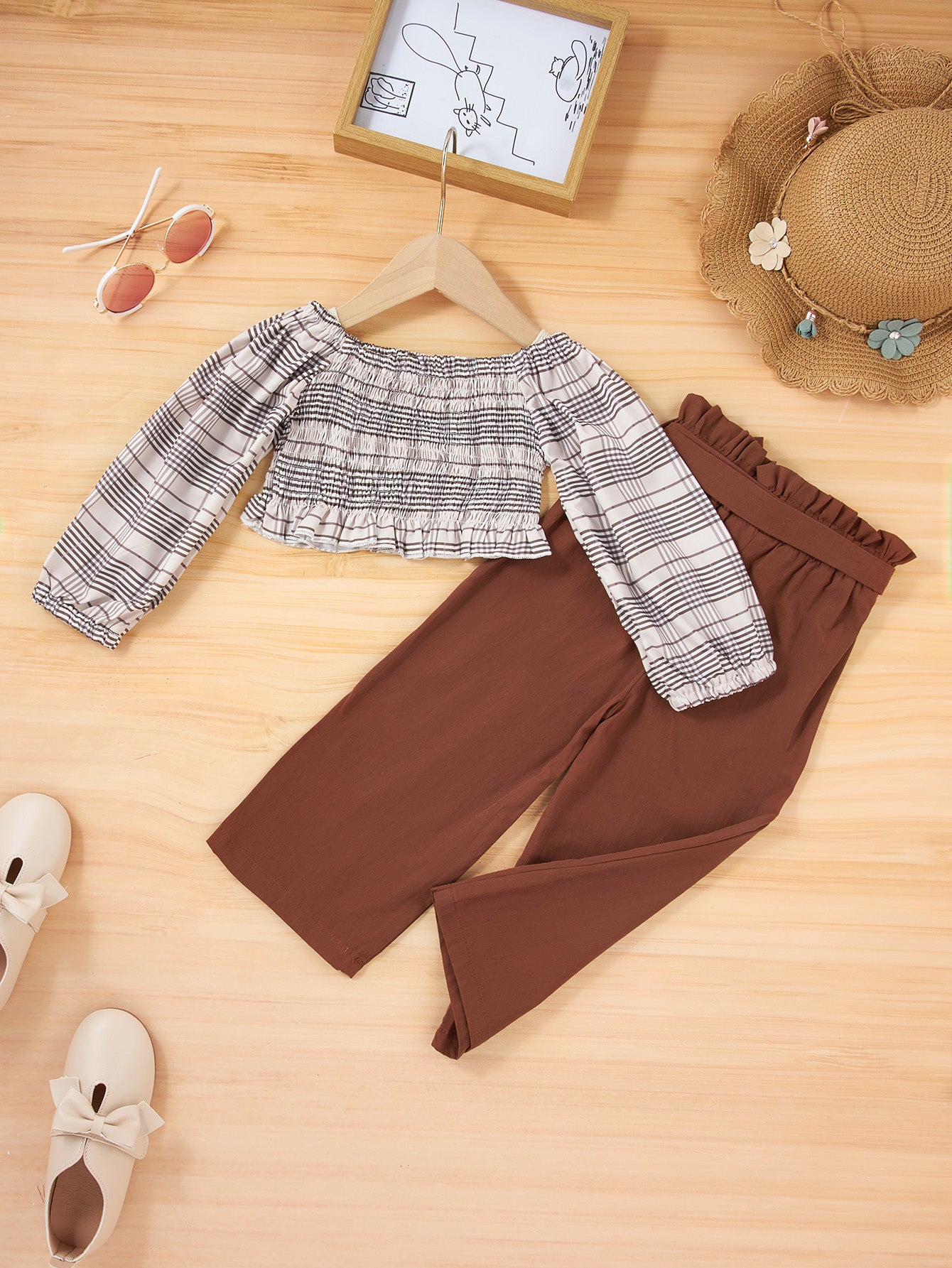 Girls Smock Crop Top and Tie Waist Pants Set