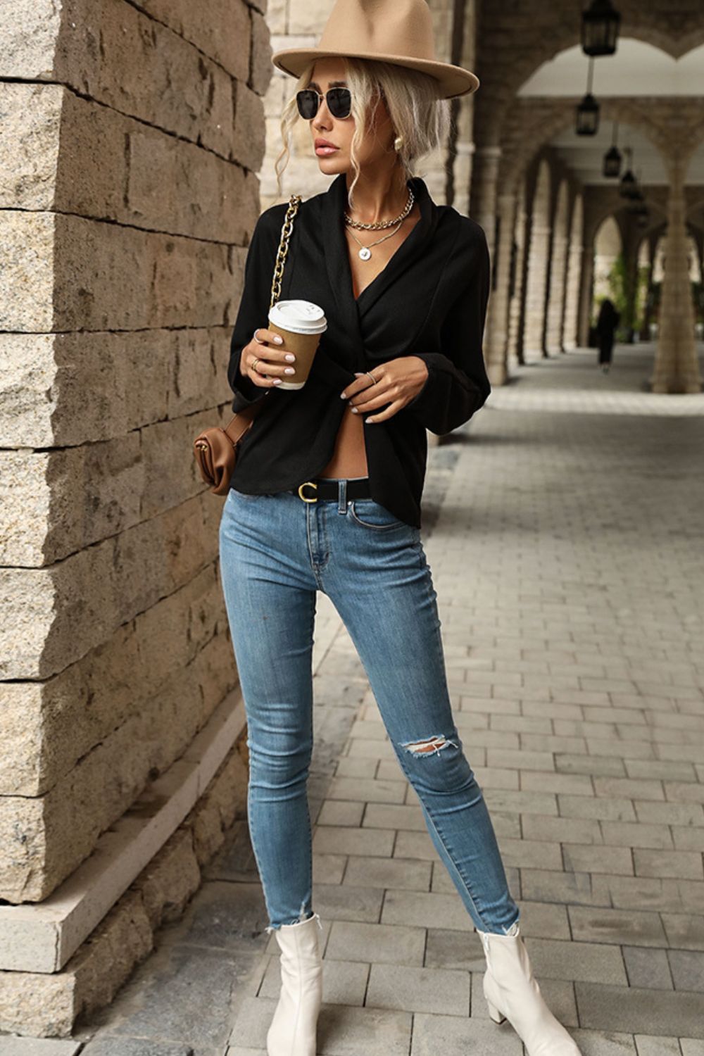 Crisscorss Shawl Collar Long Sleeve Top