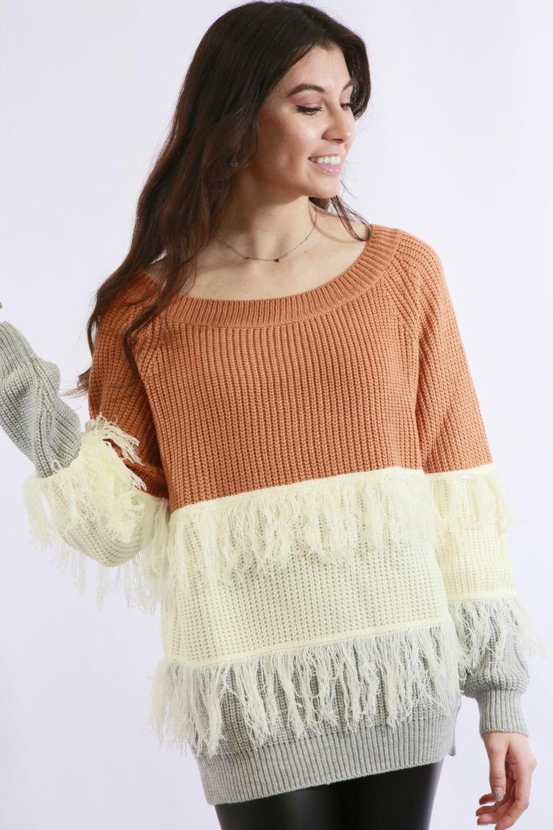 Fringe Detail Color Block Sweater