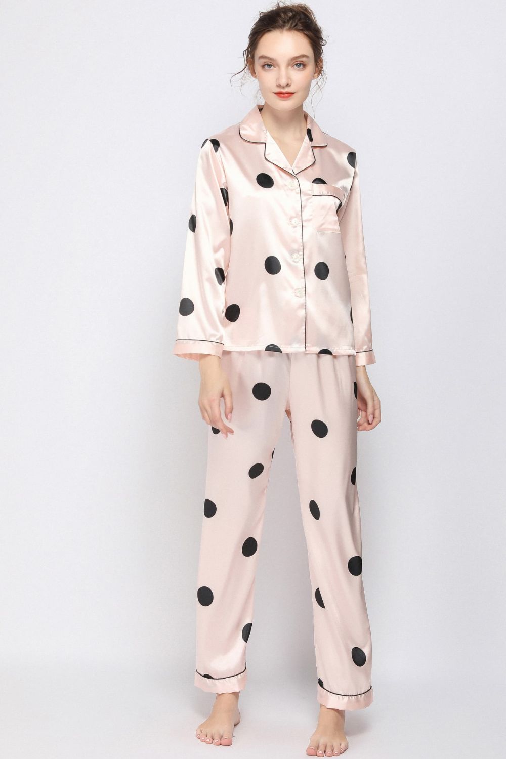 Satin Button-Up Lapel Collar Top and Pants Pajama Set