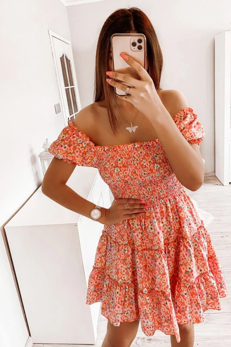 Square Neck Shirred Ruffle Hem Mini Dress - Absolute Fashion 2020