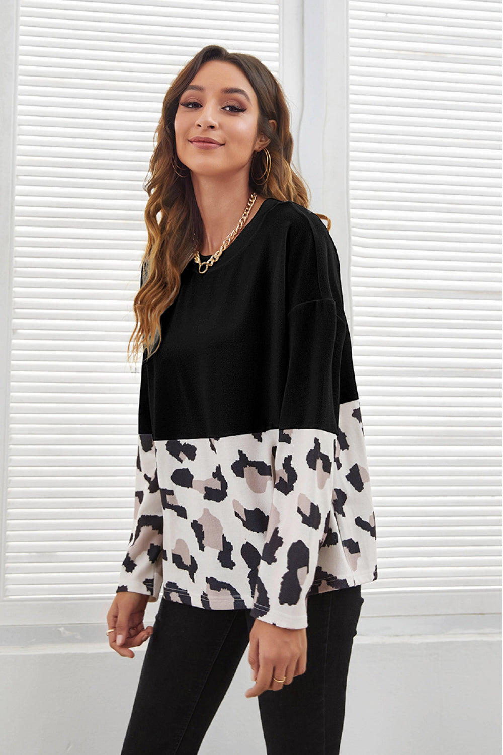 Animal Print Two-Tone Long Sleeve T-Shirt