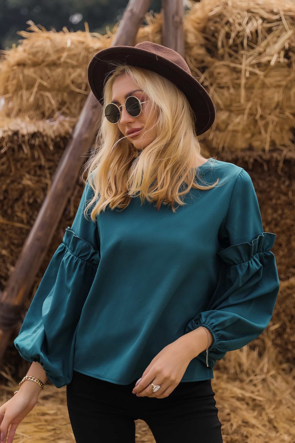 Ruffled Balloon Sleeve Notched Neck Blouse