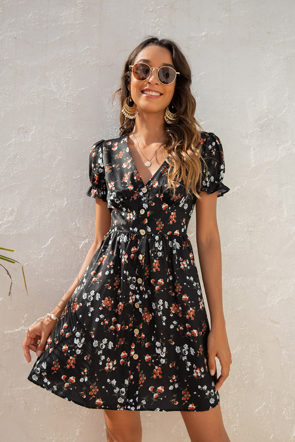 Floral V-Neck Puff Sleeve Dress - Absolute Fashion 2020