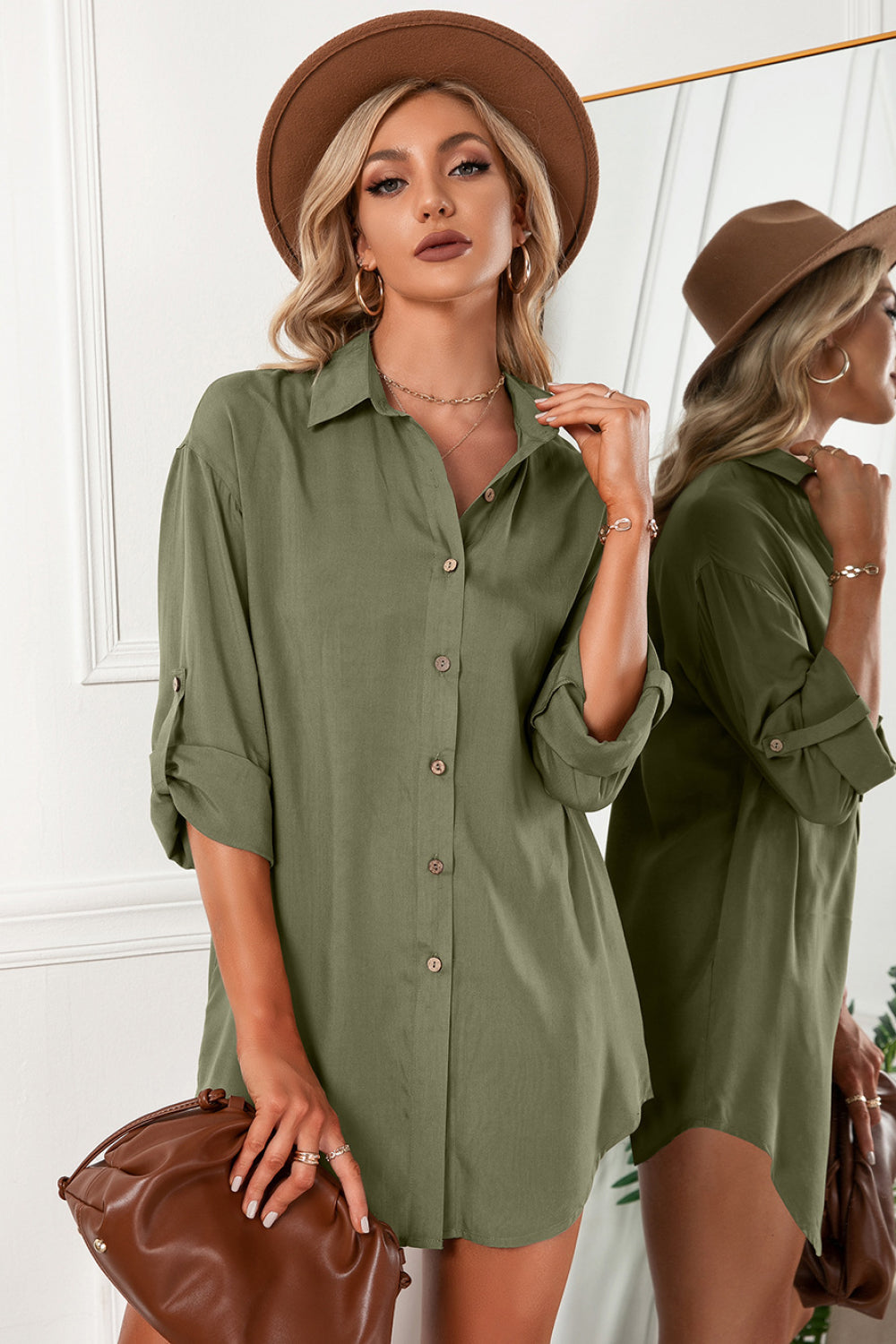 Solid Button Up Drop Shoulder Blouse - Absolute Fashion 2020