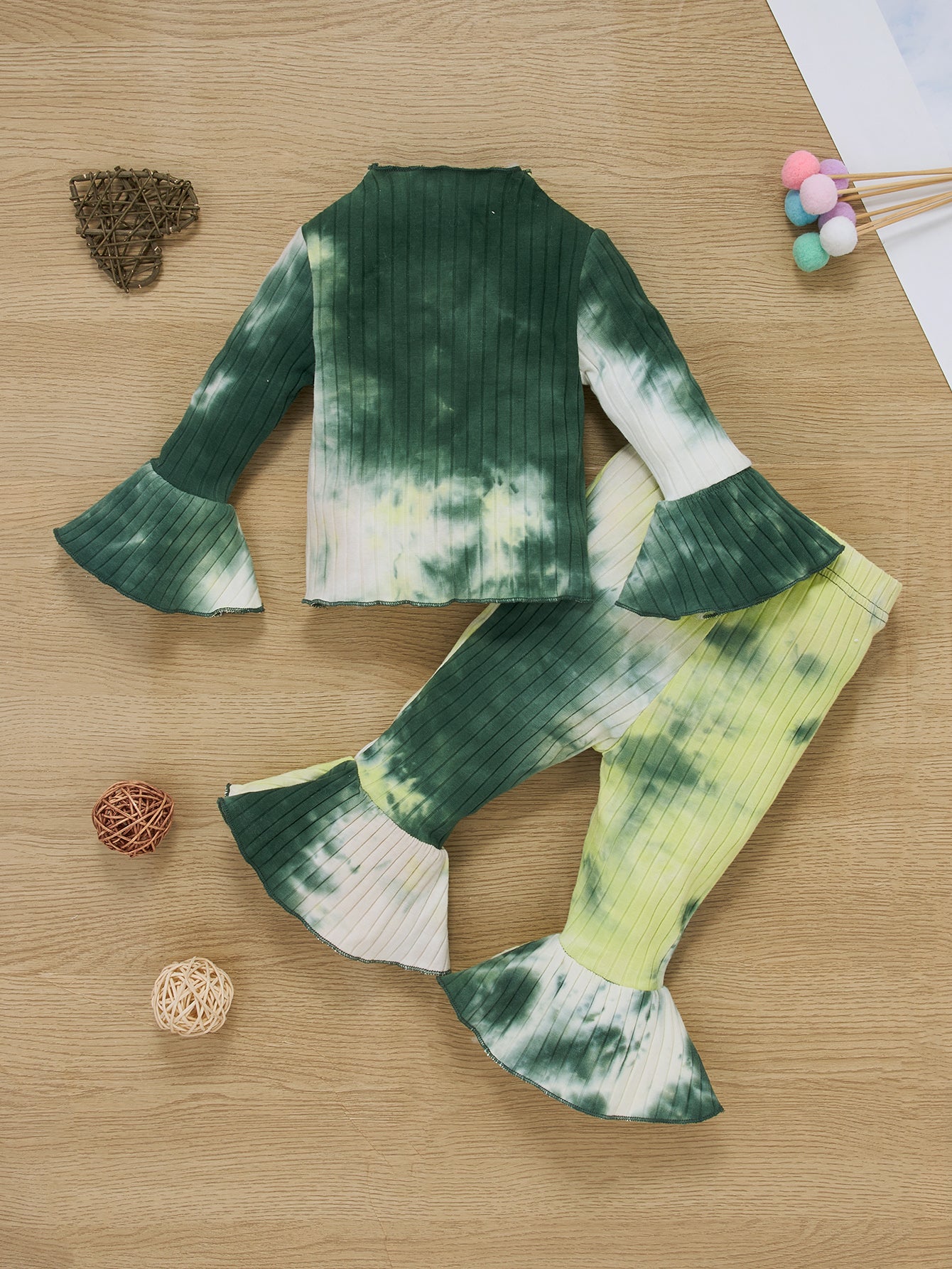 Baby Girl Tie-Dye Ribbed Bell Sleeve Top and Bell Bottoms Set