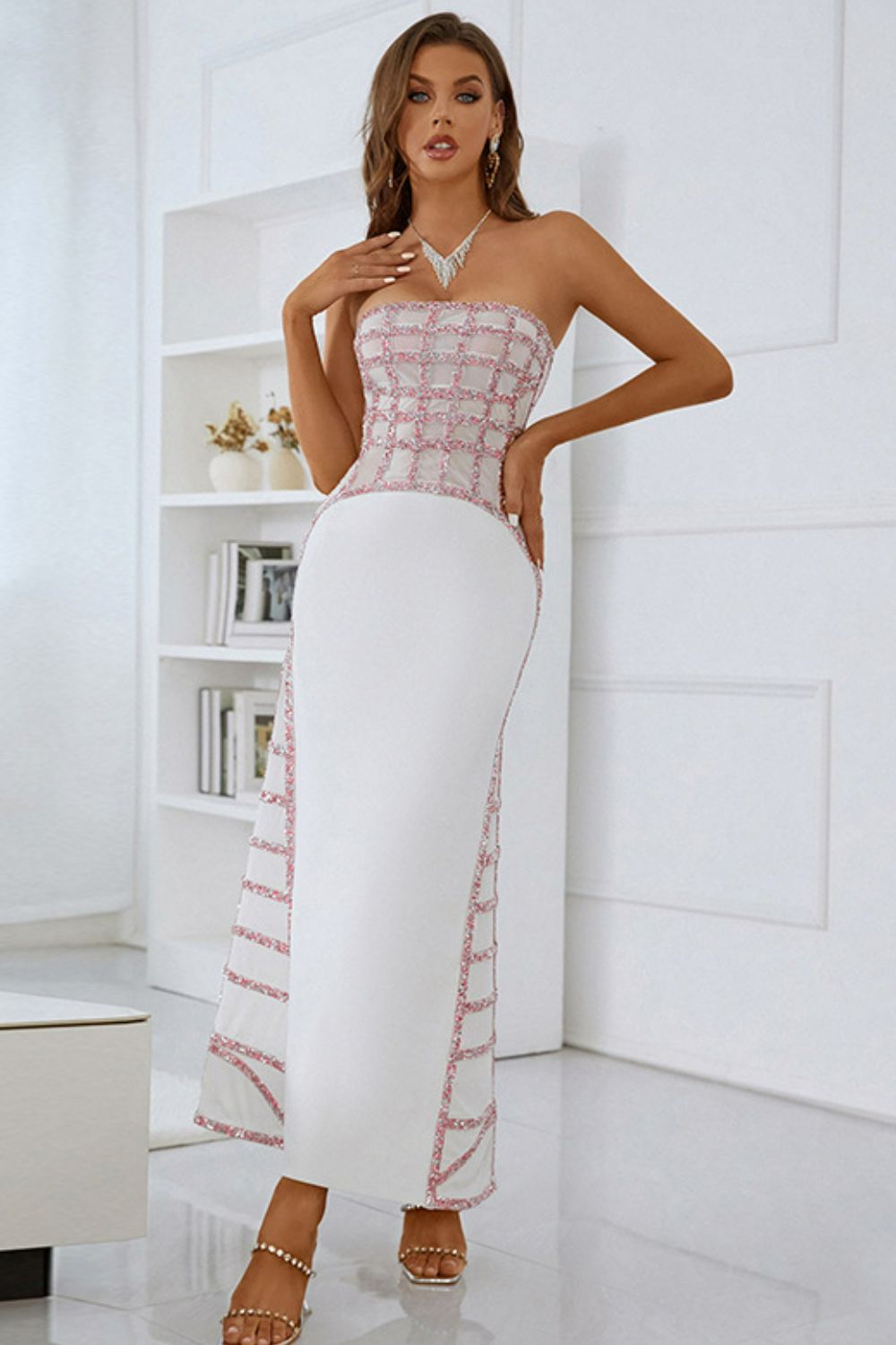 Sequin Spliced Mesh Strapless Dress