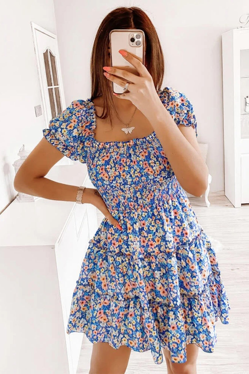 Square Neck Shirred Ruffle Hem Mini Dress - Absolute Fashion 2020