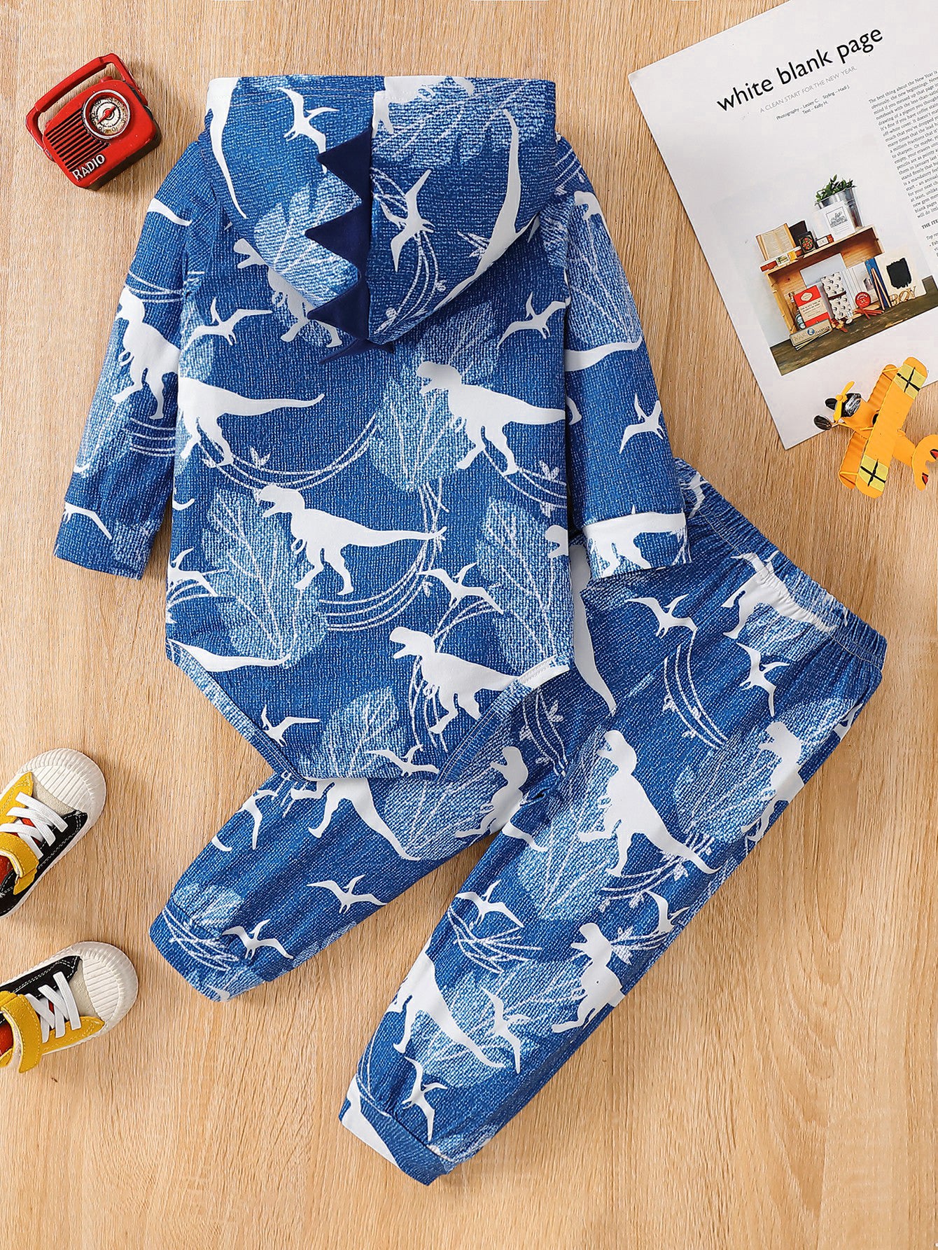 Baby Boy Dinosaur Print Hooded Onesie and Pants Set