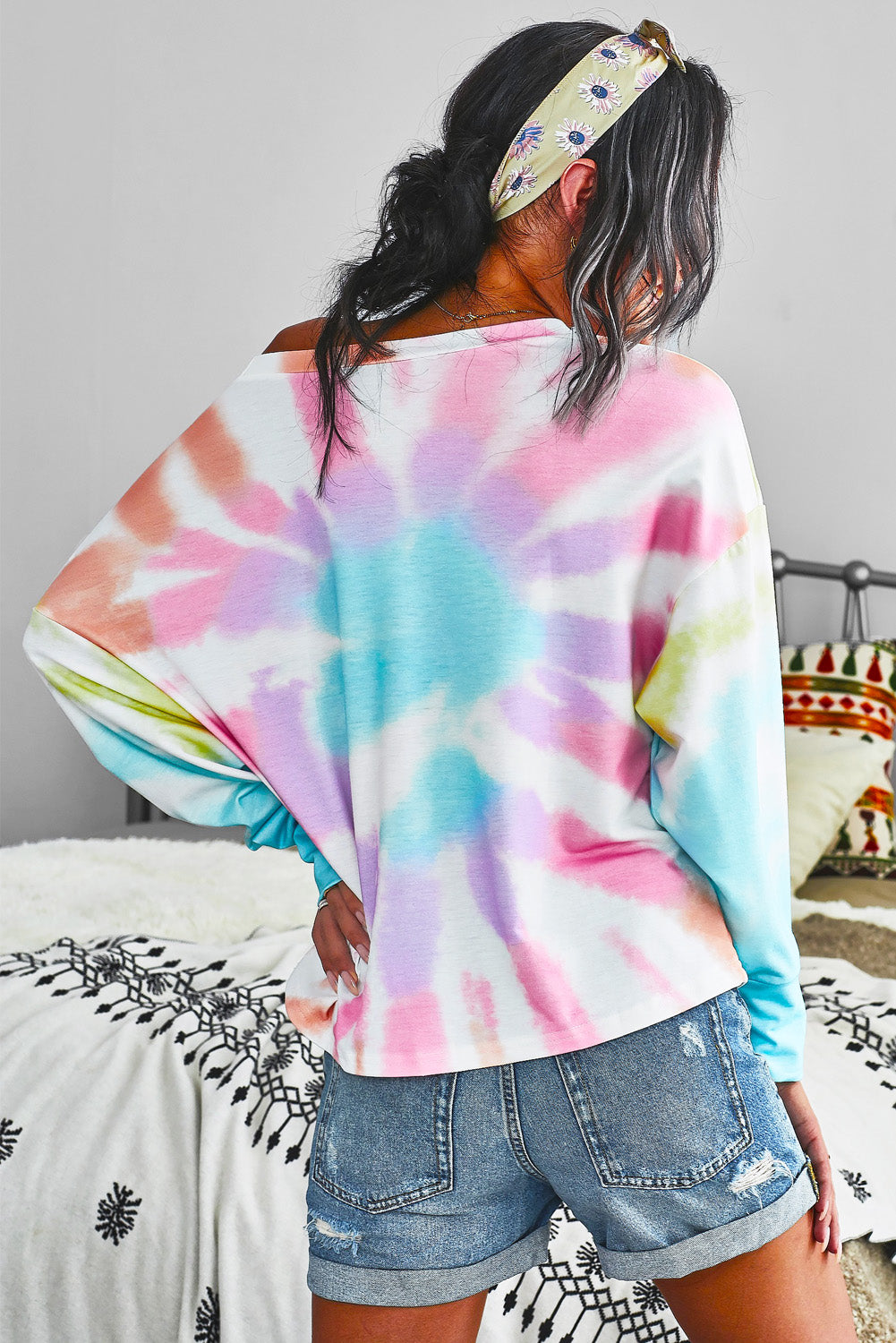 Tie-Dye Boat Neck Batwing Sleeve Tee - Absolute Fashion 2020