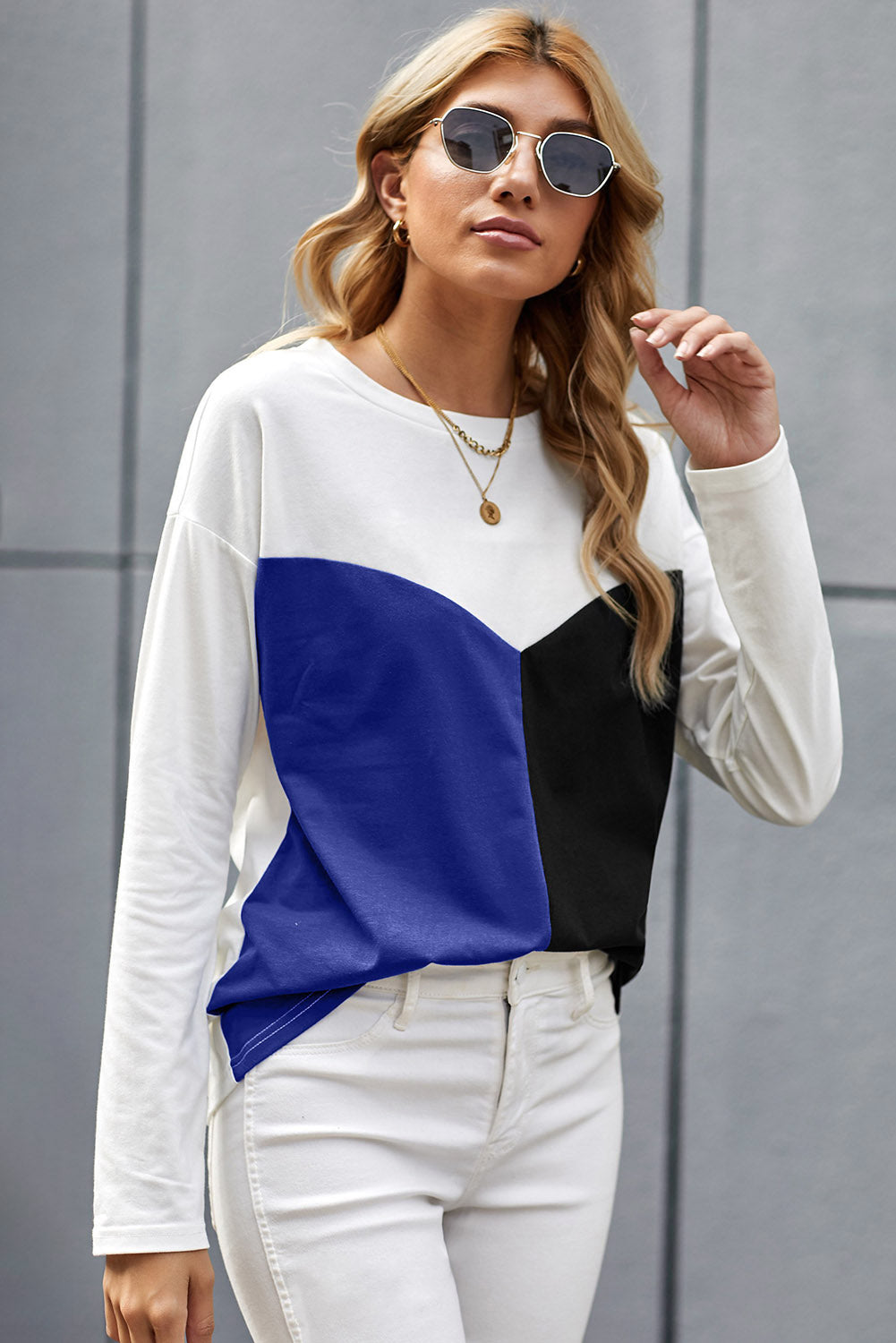 Color Block Splicing O-Neck Blouse - Absolute Fashion 2020