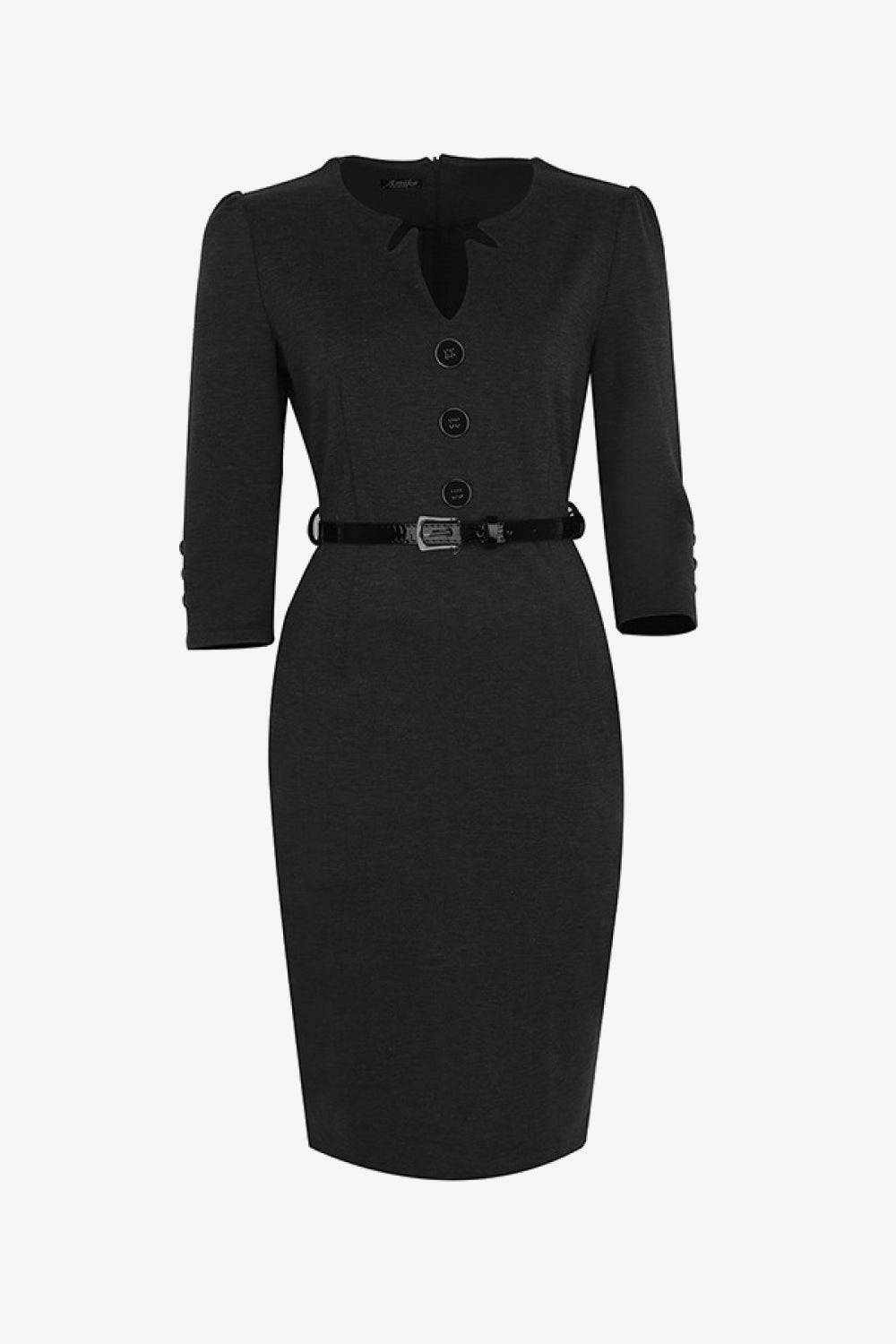 Full Size Decorative Button Puff Sleeve Notched Neck Dress