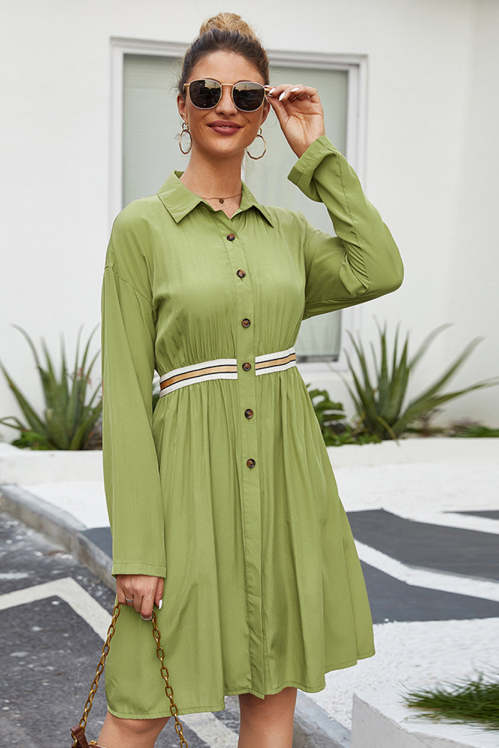 Button Down Contrast Banding Dress - Absolute Fashion 2020