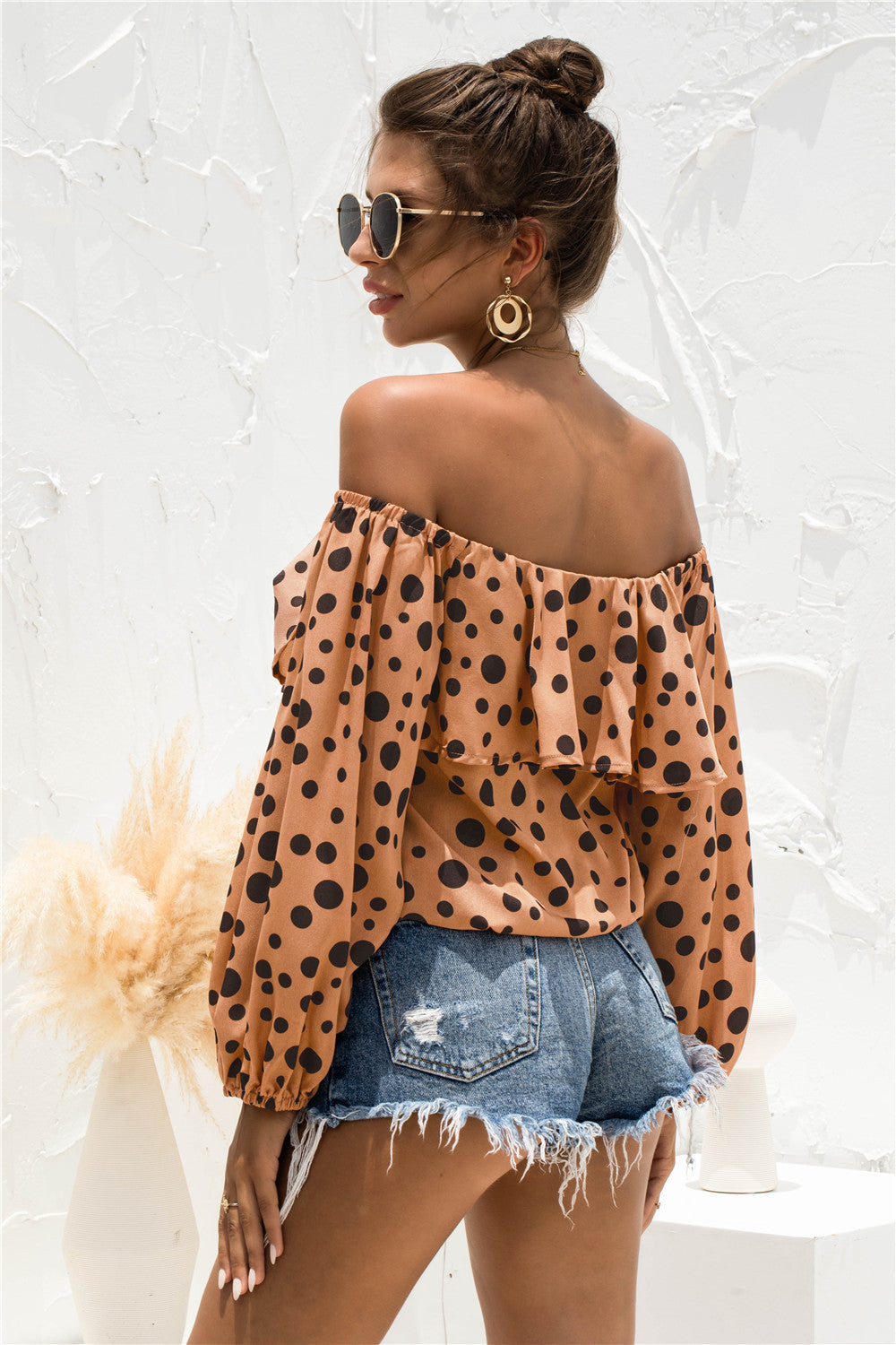 Cold Shoulder Ruffle Detail Polka Dot Blouse - Absolute Fashion 2020